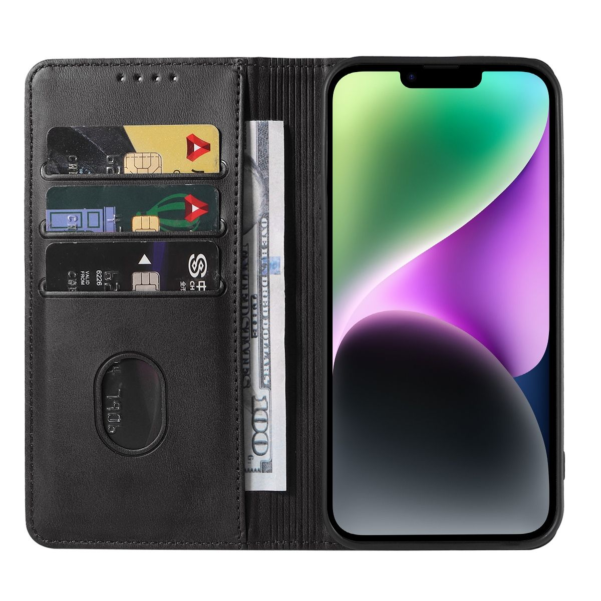 Offene schwarze Geldbörse mit Karten, Bargeld und einem Telefon. Der Bildschirm des Telefons ist sichtbar.