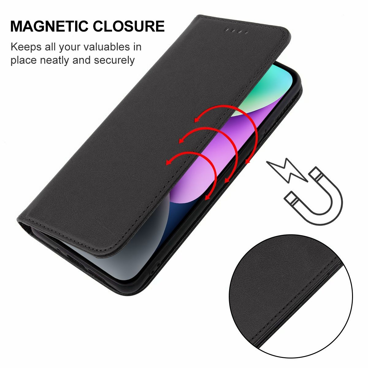 Schwarze Handyhülle, offen, Handy innen zeigend. Magnetverschluss-Grafik. Nahaufnahme der Gehäusestruktur.