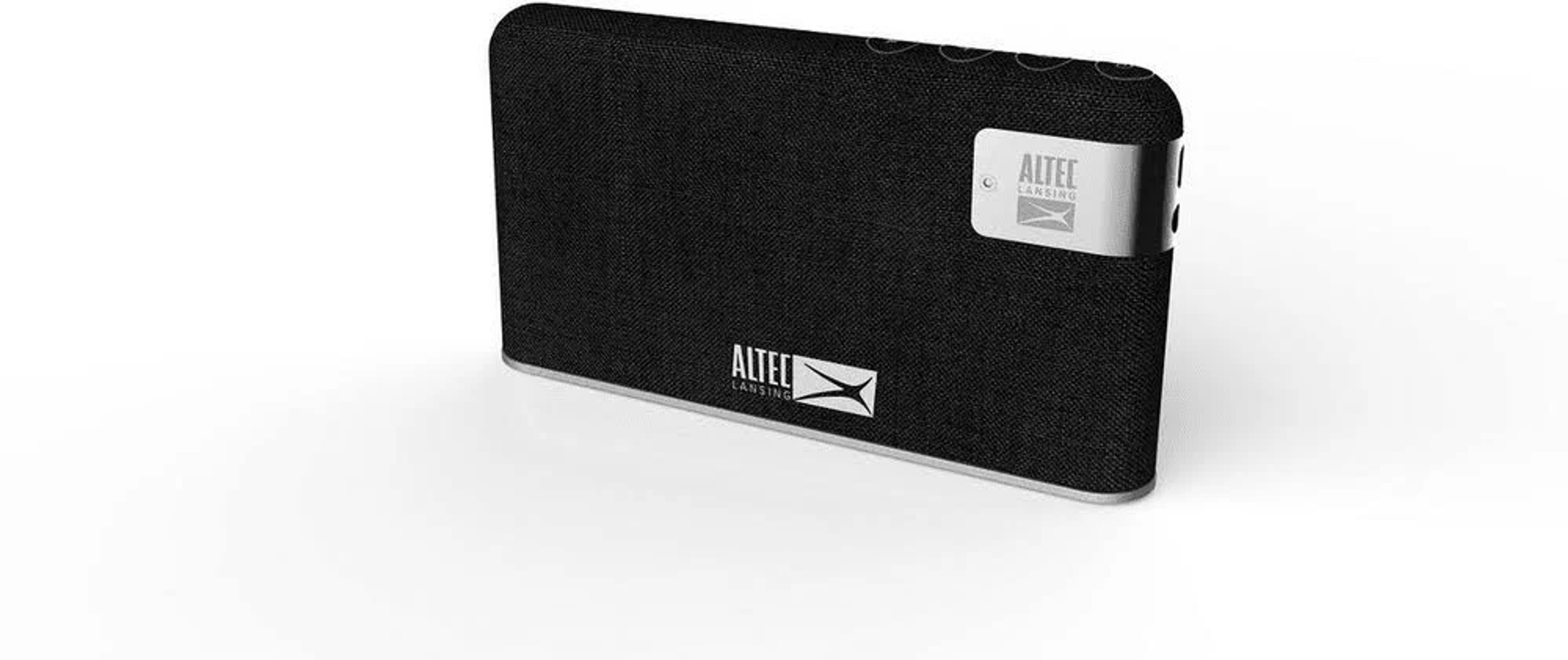 Altoparlante portatile Altec Lansing nero su sfondo bianco.