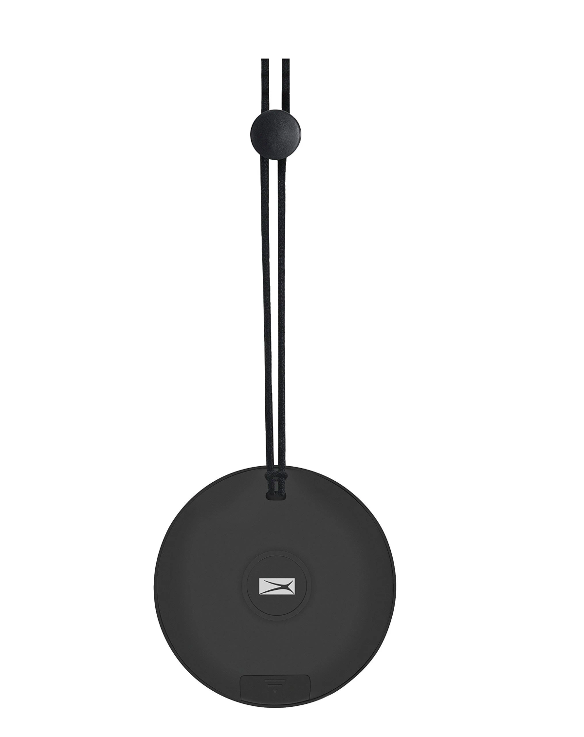 Dispositivo indossabile circolare nero con cordino nero. Presenta un logo bianco.