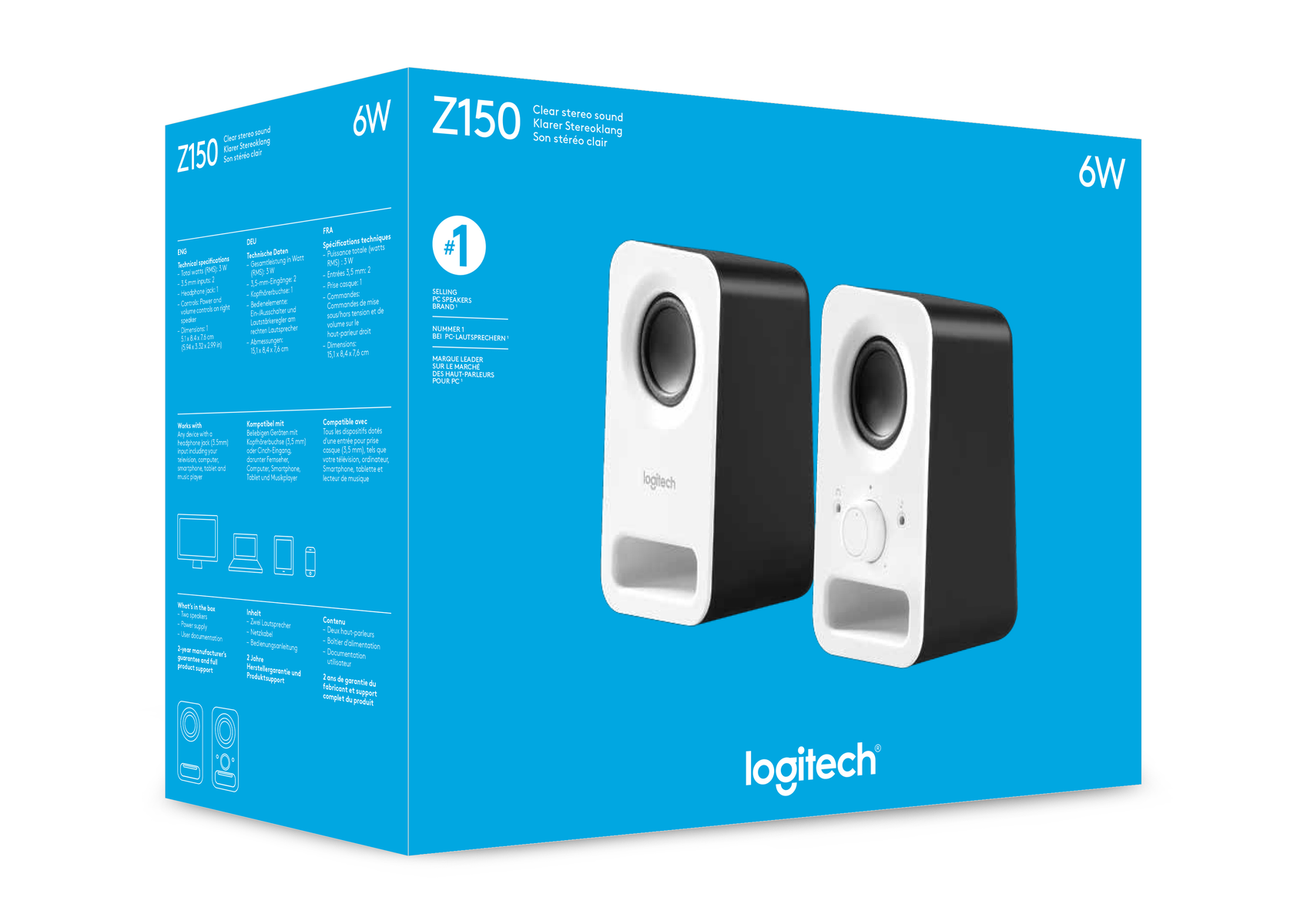 Dos altavoces de ordenador blancos y negros en una caja azul. Marca: Logitech.