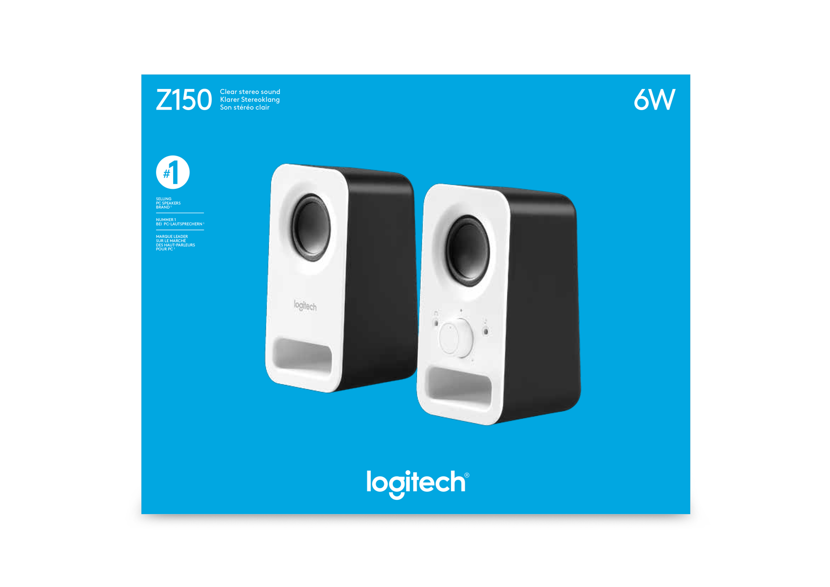 Dos altavoces de ordenador Logitech blancos y negros sobre fondo azul.
