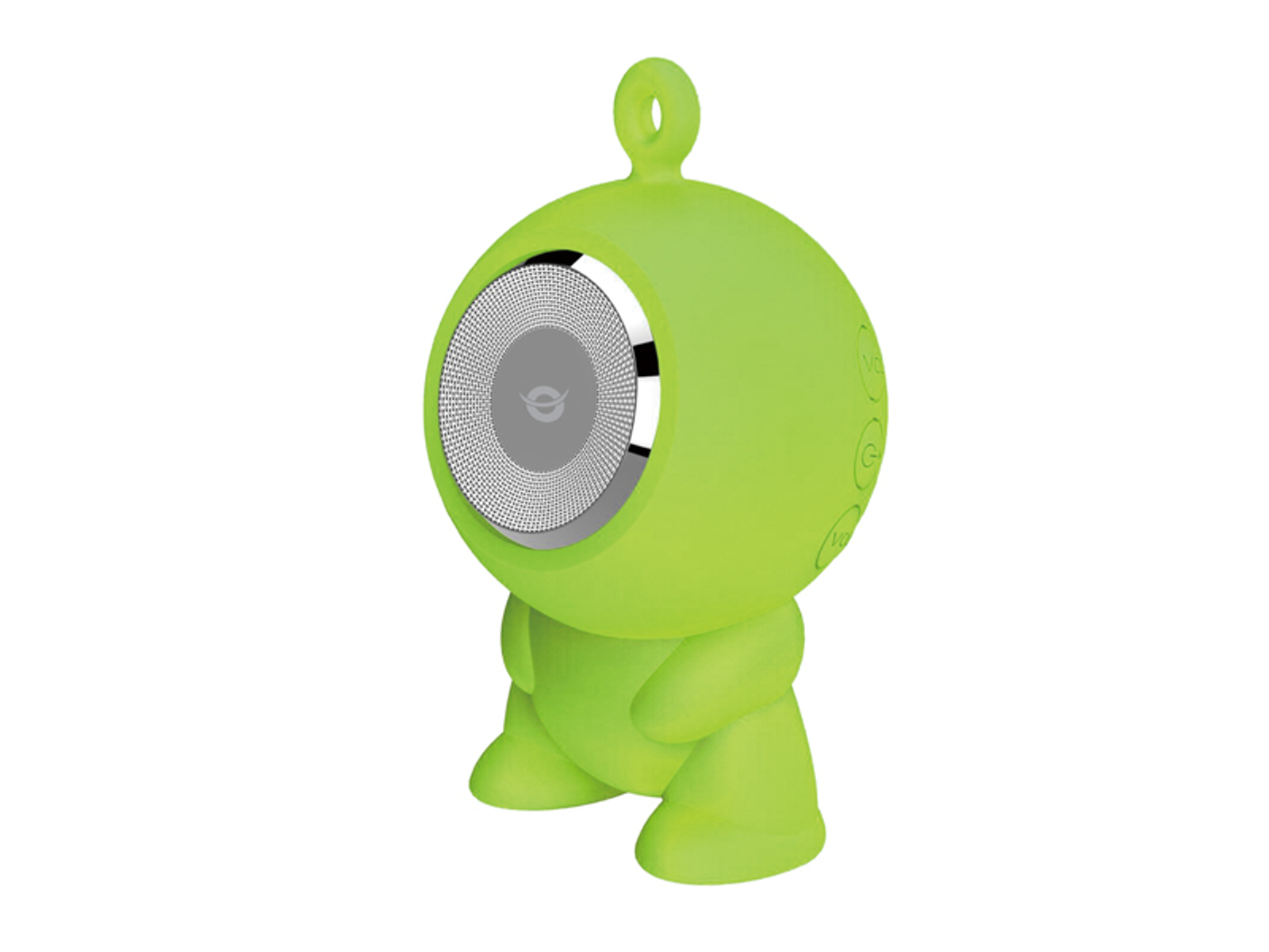 Zielony głośnik w kształcie kosmity. Posiada głośnik i pętlę na górze.