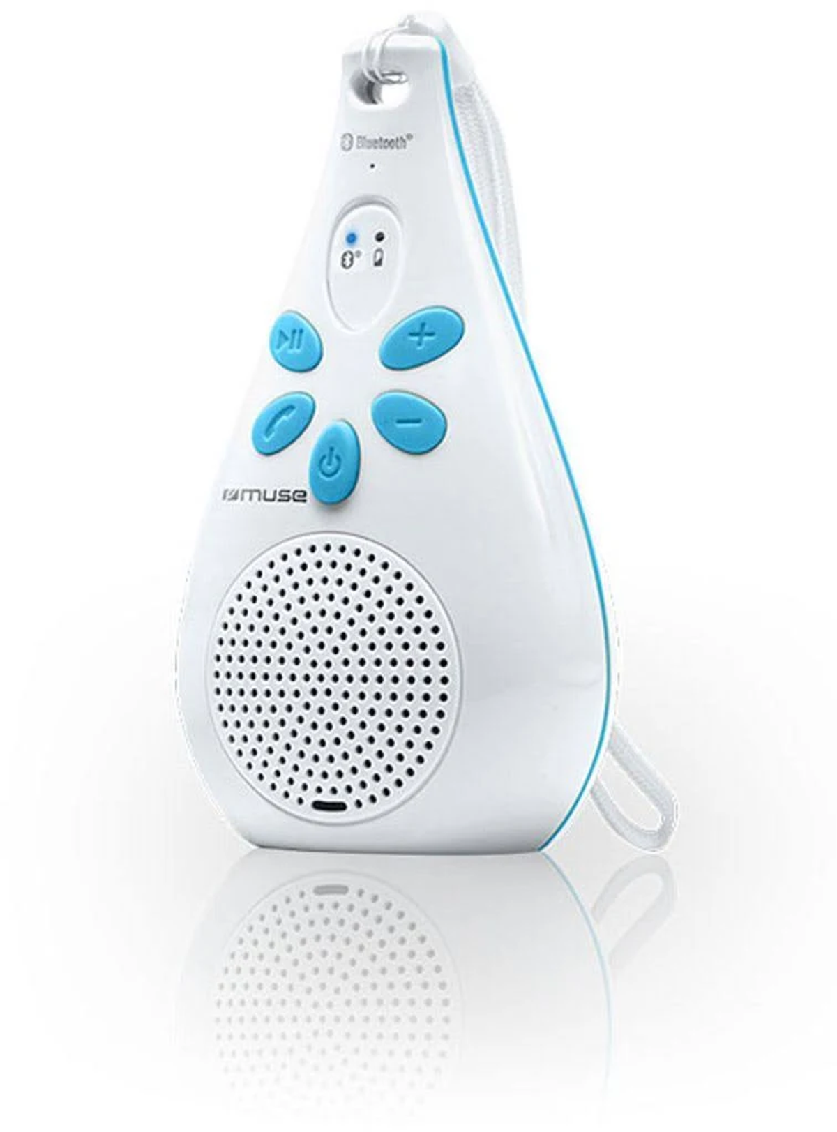 Ein weiß-blauer tragbarer Bluetooth-Lautsprecher mit Tasten und einem Umhängeband.