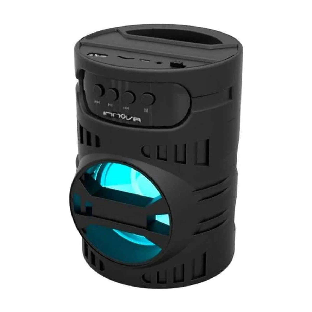 Altavoz cilíndrico negro con luz azul. Tiene botones y la marca 'innova'.