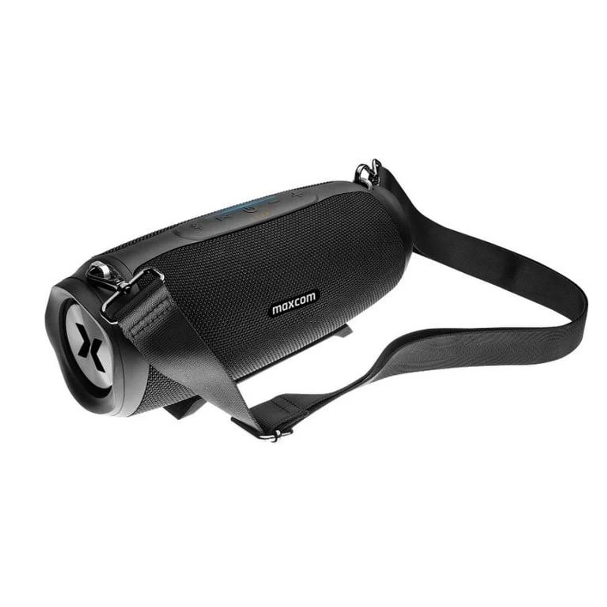 Un haut-parleur bluetooth portable maxcom noir avec une sangle, sur fond blanc.