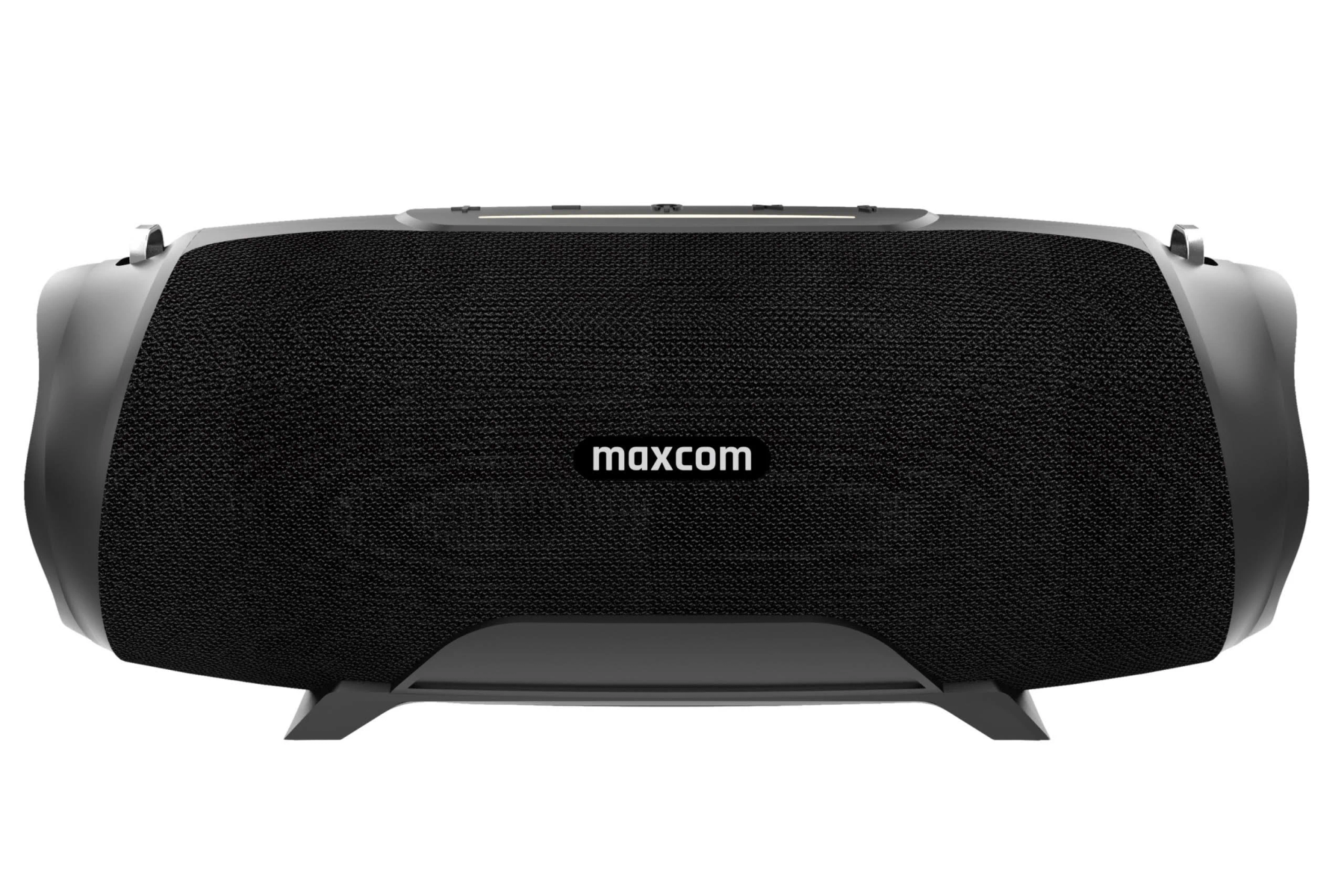 Haut-parleur Maxcom noir avec façade en mesh, reposant sur un support.
