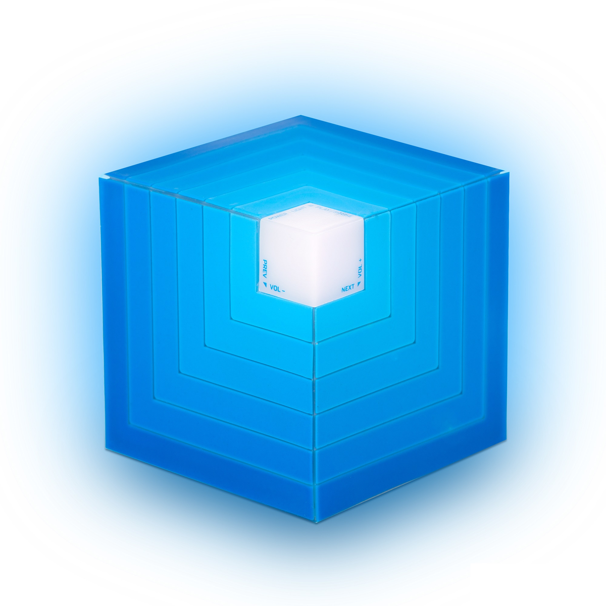 Un cubo azul en capas con un efecto brillante. Tiene botones. Fondo blanco.