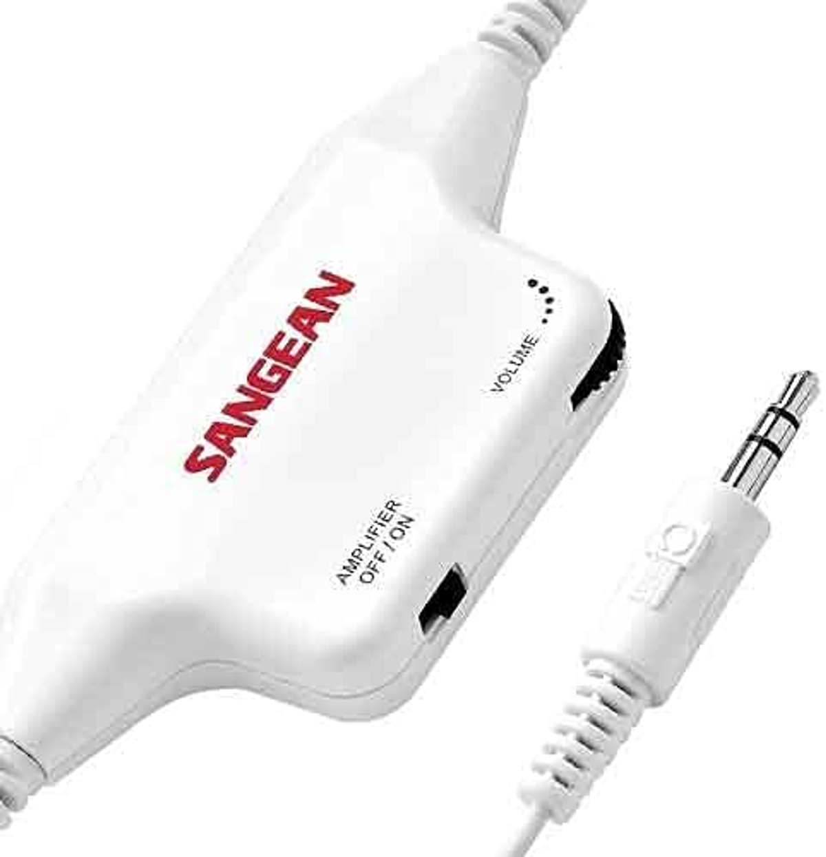 Dispositivo Sangean bianco con controllo del volume e interruttore di accensione/spegnimento dell'amplificatore, con un jack audio bianco.
