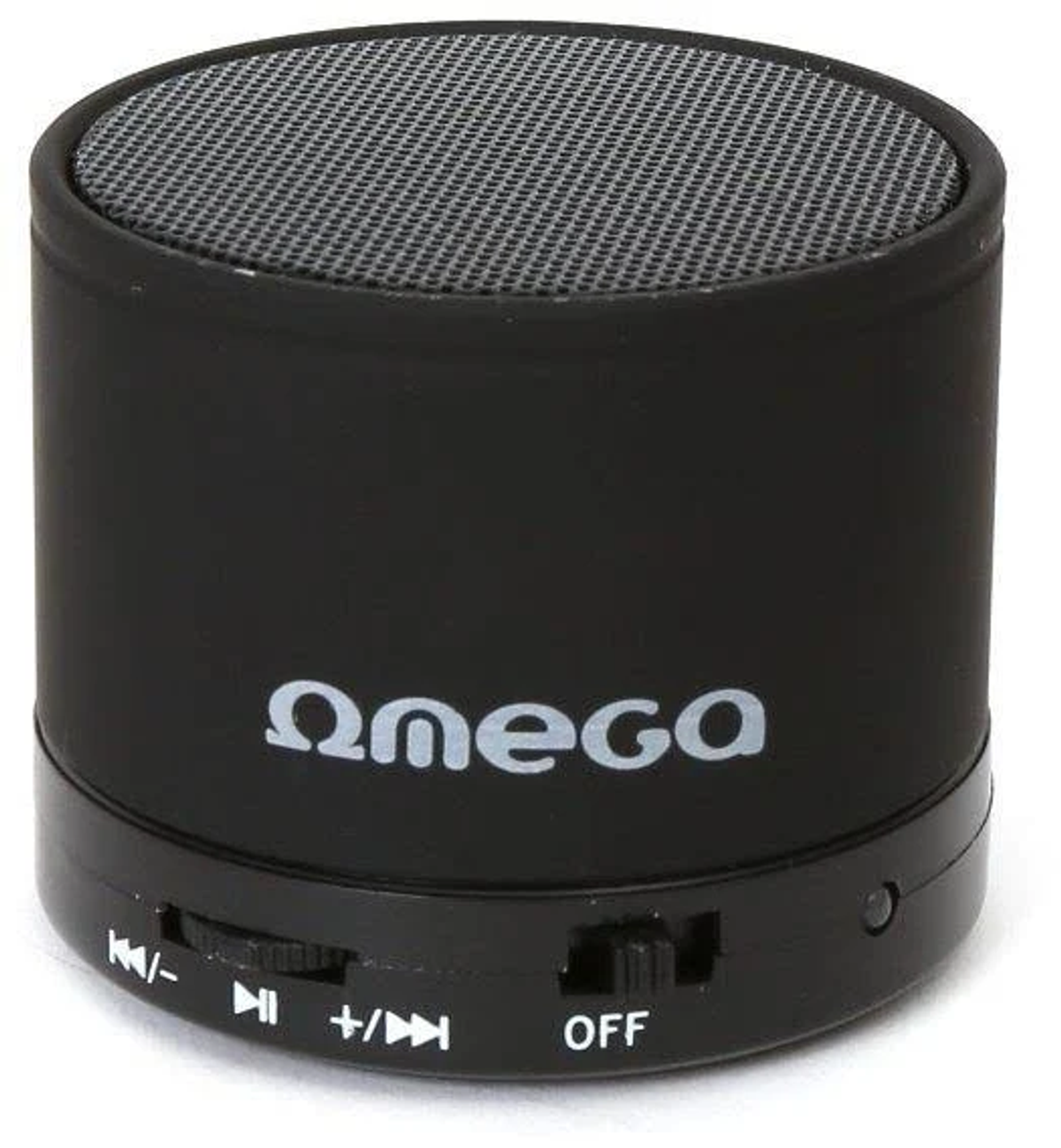 Czarny głośnik Bluetooth Omega z regulacją głośności. Widnieje na nim napis Omega.