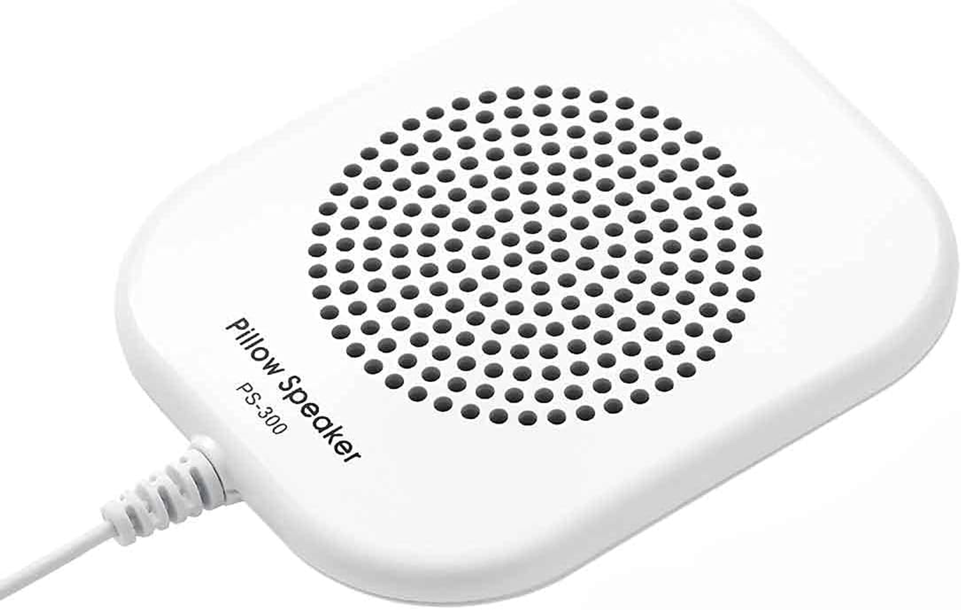 Altoparlante a cuscino bianco con altoparlante a rete e testo 'Pillow Speaker PS-300'.