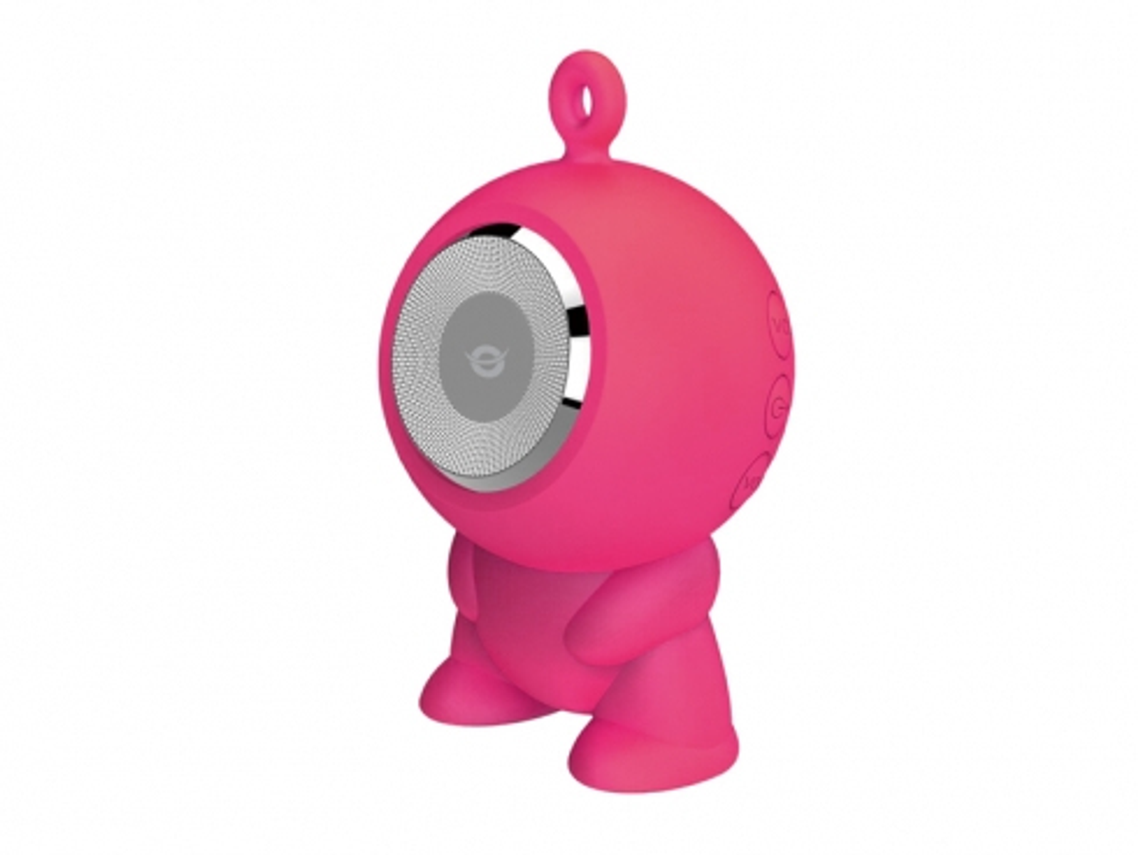 Różowy, kulisty głośnik z siatkowym przodem. Ma kreskówkowy wygląd. Białe tło.