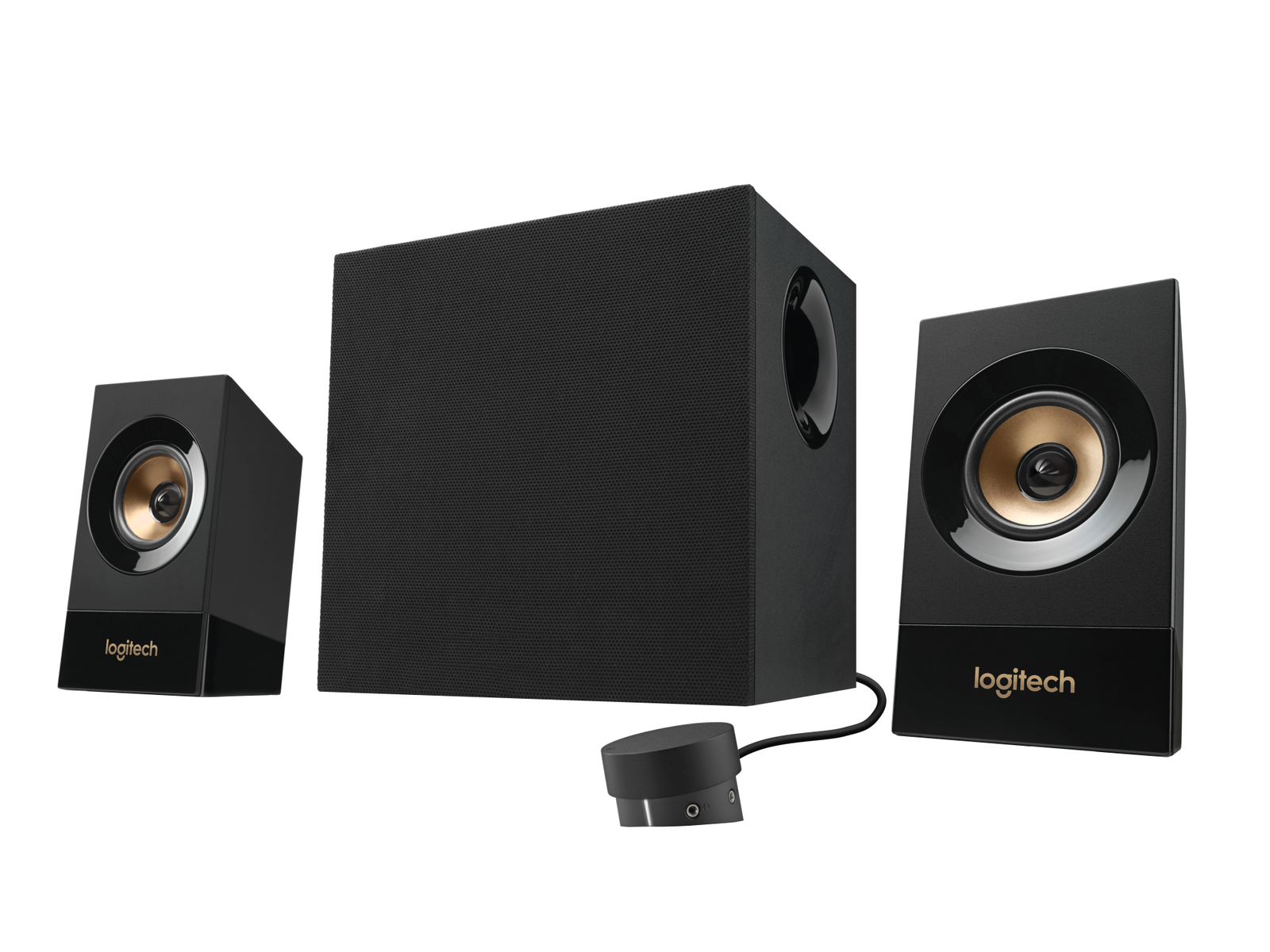 Set di altoparlanti neri con due altoparlanti satellitari e un subwoofer, più un pod di controllo.