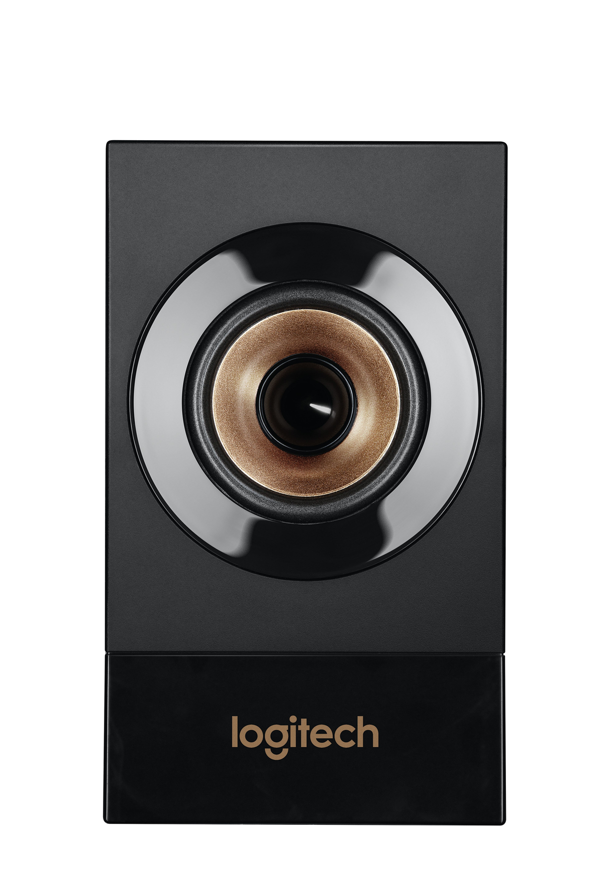 Altoparlante nero con centro color oro e logo 'logitech' sulla base.