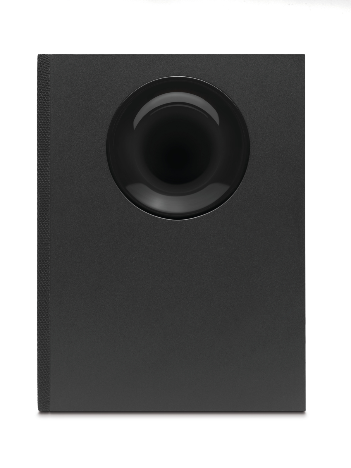 Un subwoofer nero con un'apertura rotonda e una grande superficie nera.