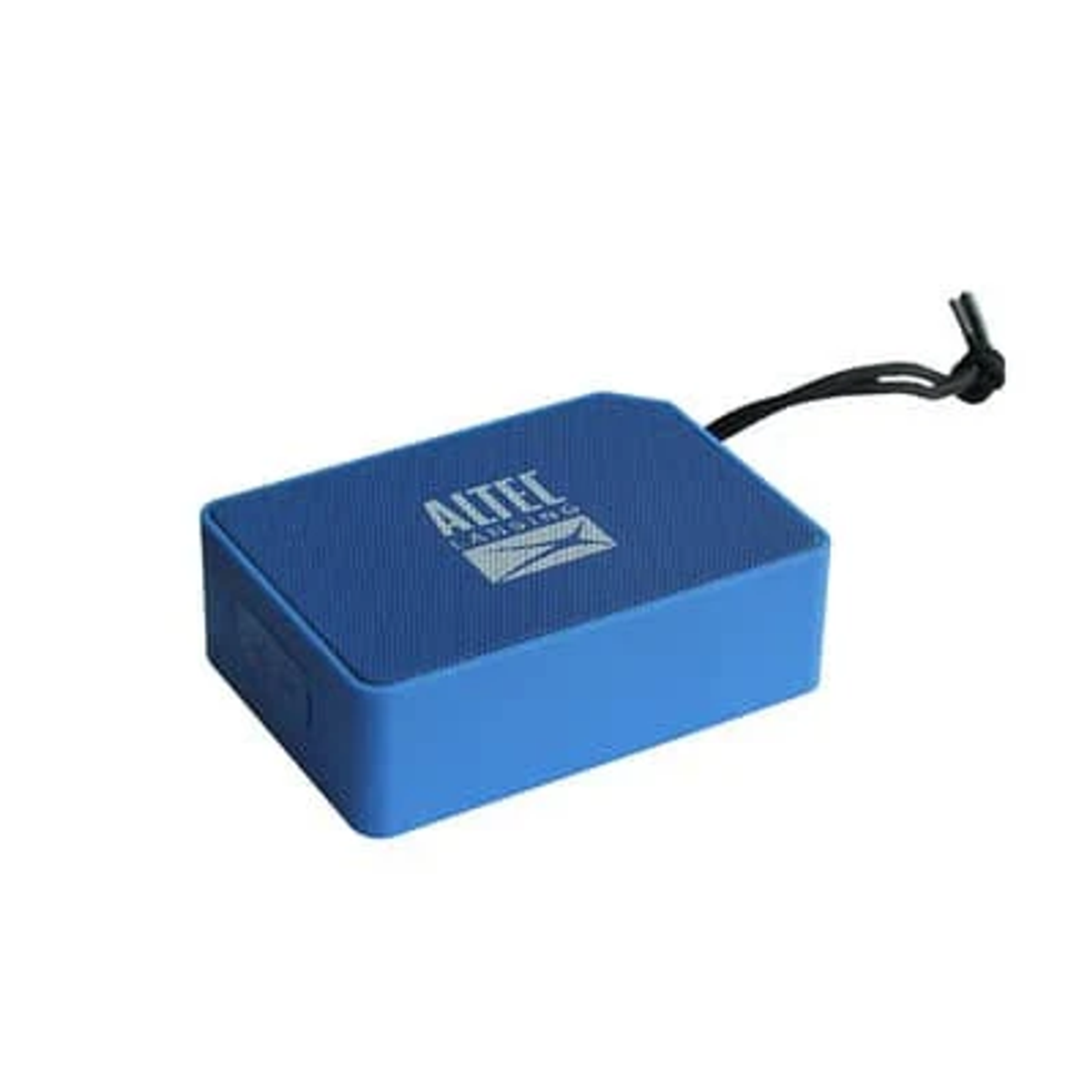 Altoparlante portatile Altec Lansing blu, rettangolare, con cinturino nero. Sfondo bianco.