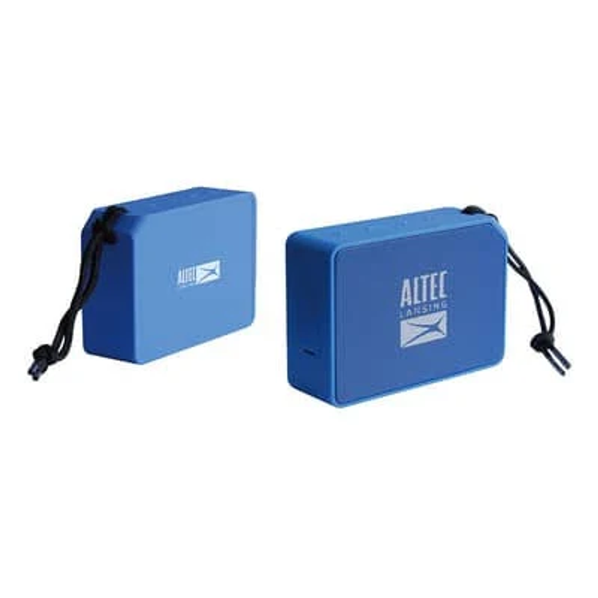 Due altoparlanti rettangolari blu con il logo Altec Lansing, uno accanto all'altro.