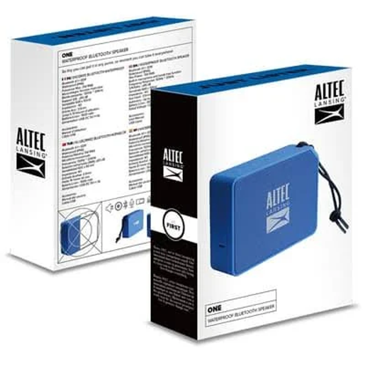 Due scatole di altoparlanti Bluetooth impermeabili Altec Lansing. Le scatole sono bianche con illustrazioni di altoparlanti blu.