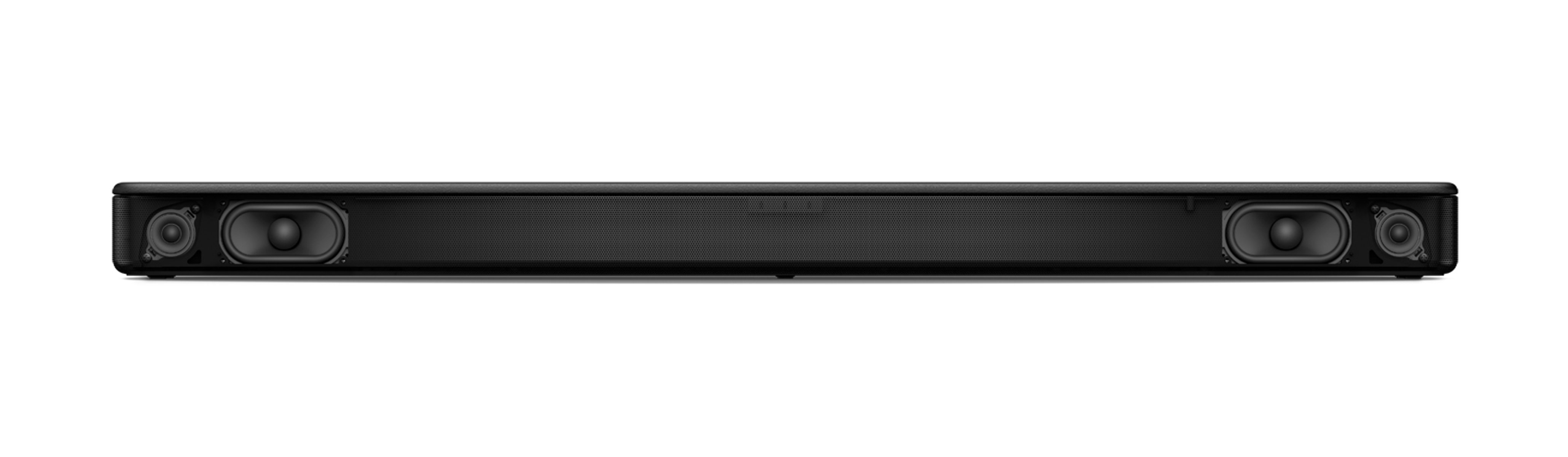 Eine schlanke, schwarze Soundbar mit zwei Lautsprechern an jedem Ende, zentriert auf weißem Hintergrund.