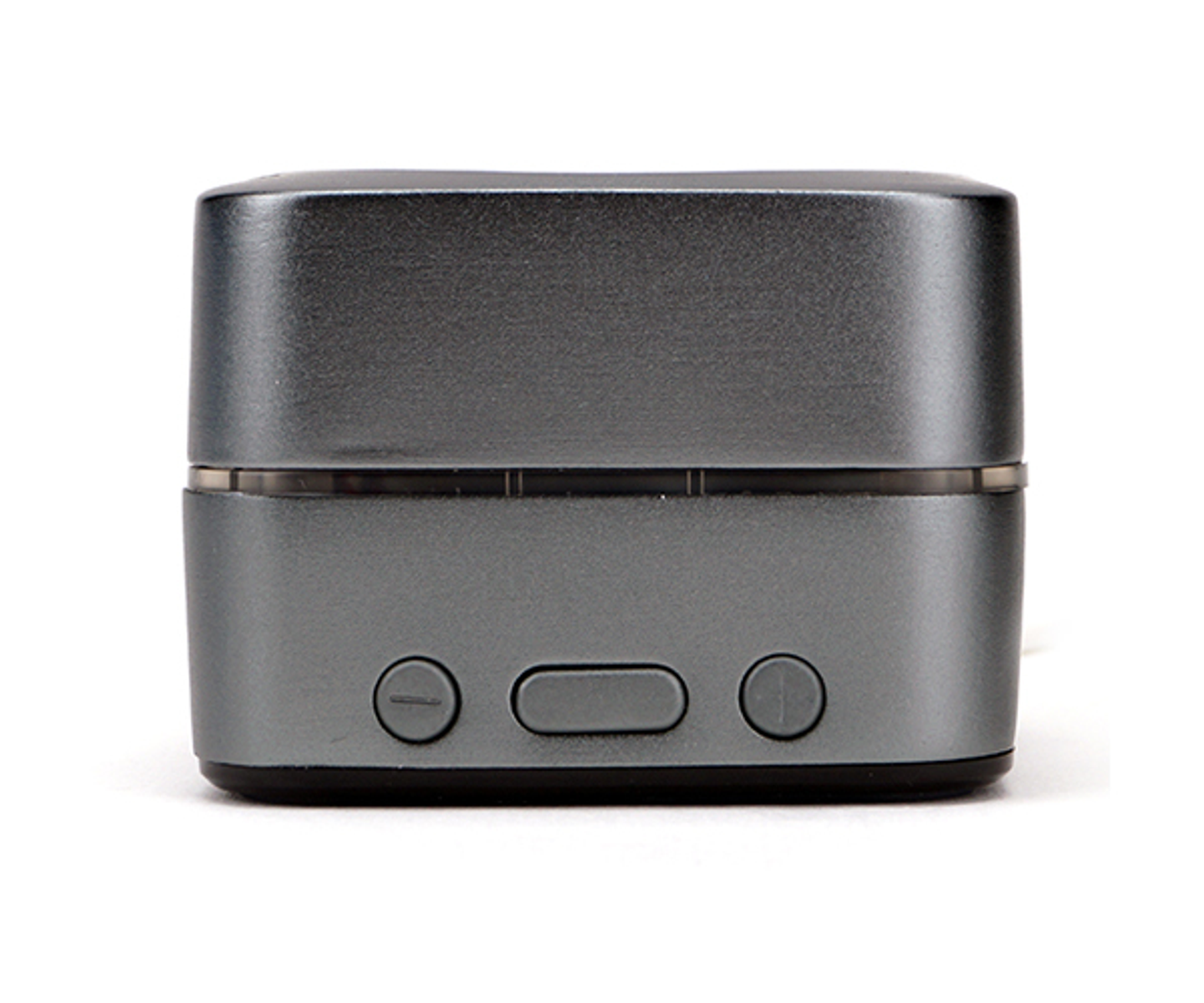 Małe, ciemnoszare urządzenie z trzema przyciskami na dolnej krawędzi, na białym tle.