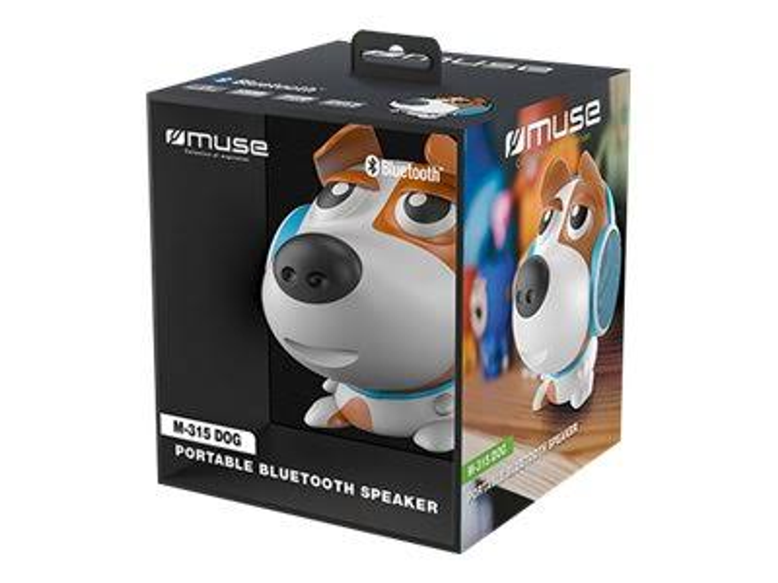 Ein hundeförmiger tragbarer Bluetooth-Lautsprecher in seinem Einzelhandelskarton. Die Box hat ein Cartoon-Hundebild.