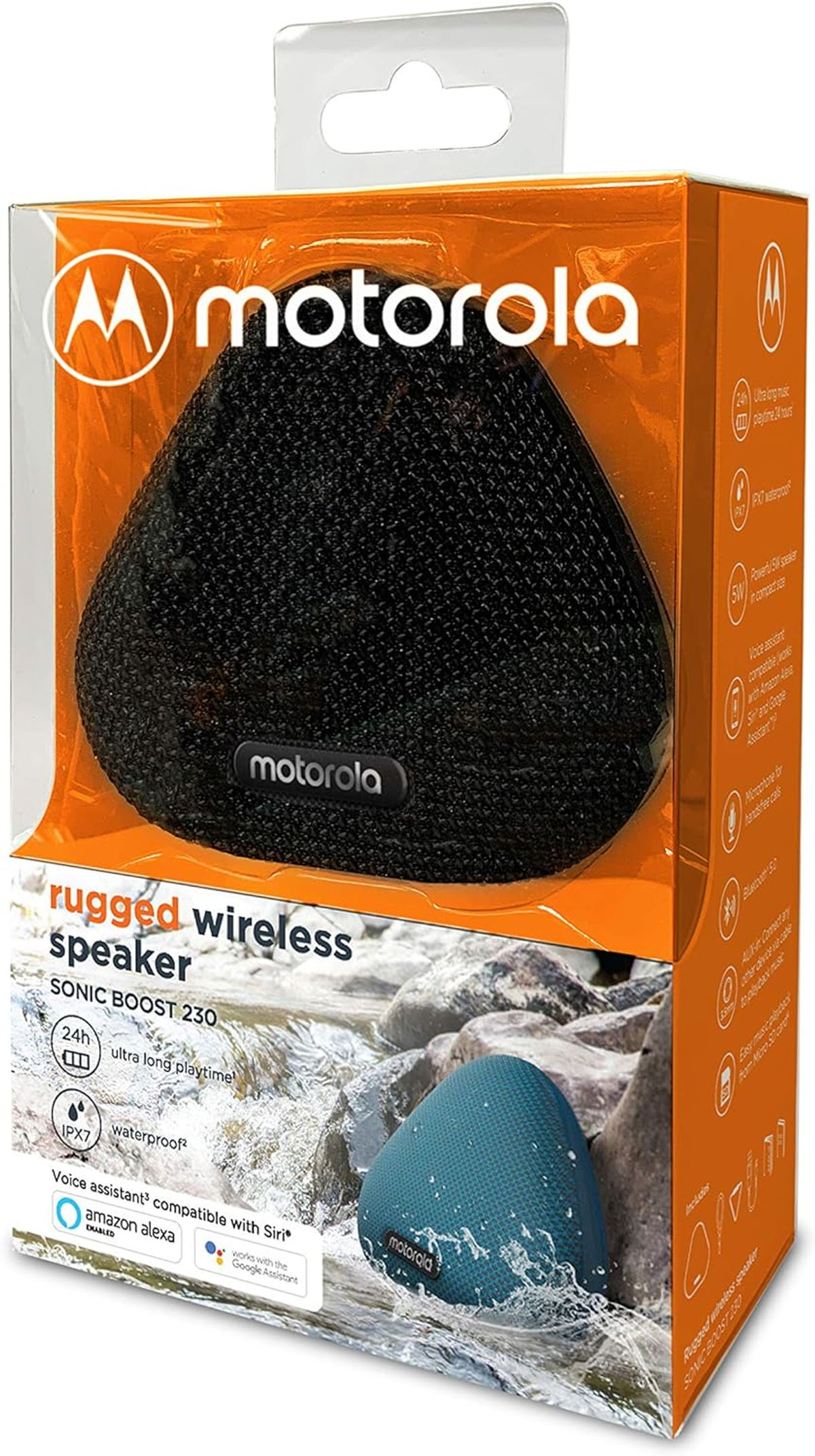 Altavoz negro en una caja con una imagen de altavoz azul y un fondo de agua.