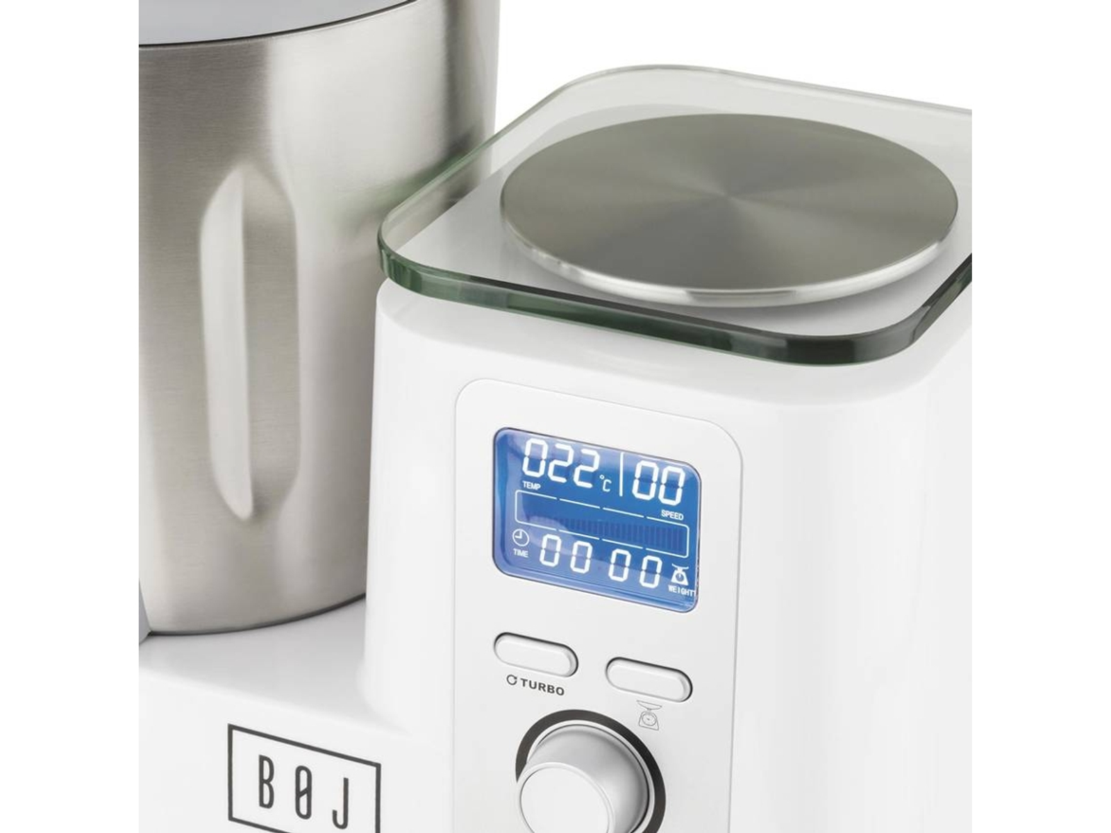 Una base de procesador de alimentos blanca con una pantalla digital. La pantalla muestra la hora y la temperatura.