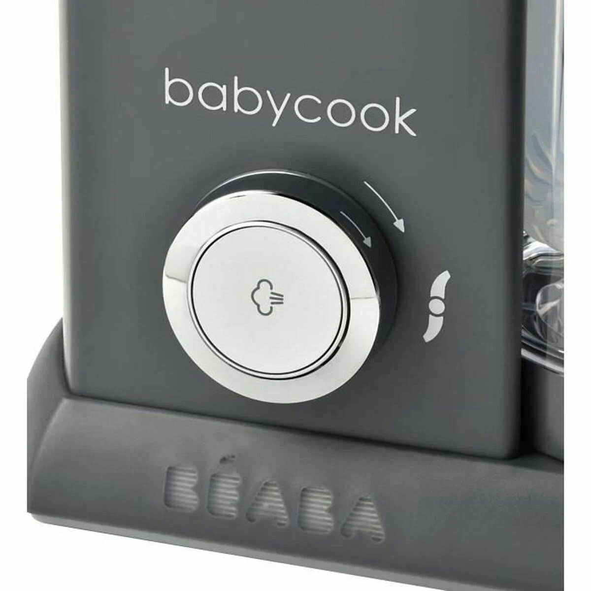 Nahaufnahme eines Babycook-Lebensmittelzubereiters. Ein silbernes Zifferblatt mit Dampfsymbol.