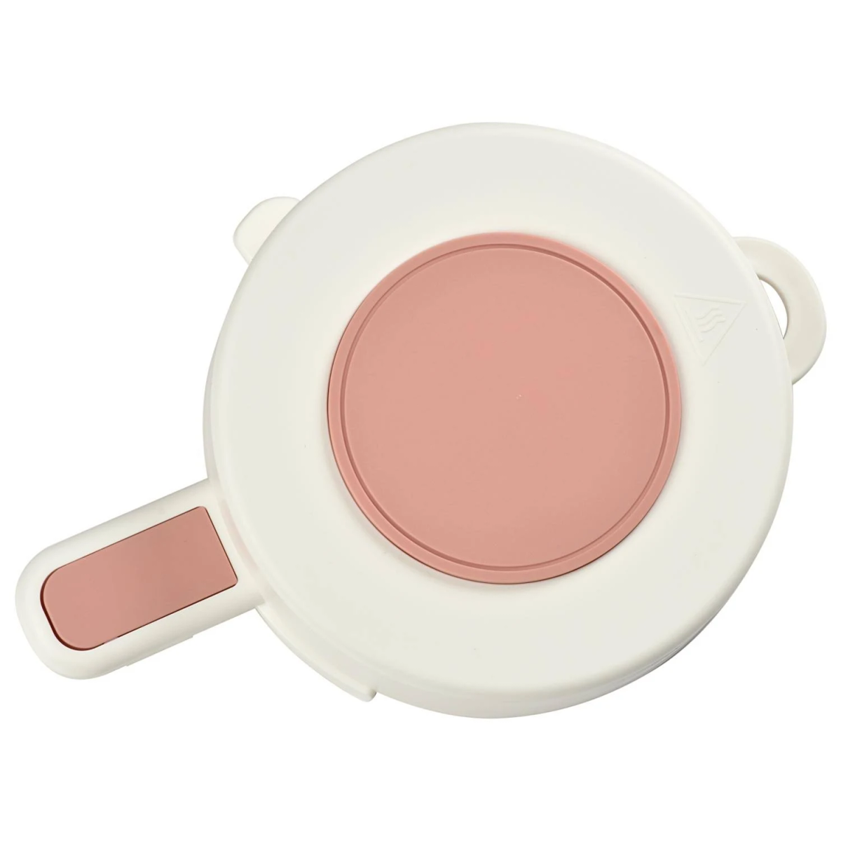 Coperchio bianco e rosa con manico. Un cerchio rosa al centro.