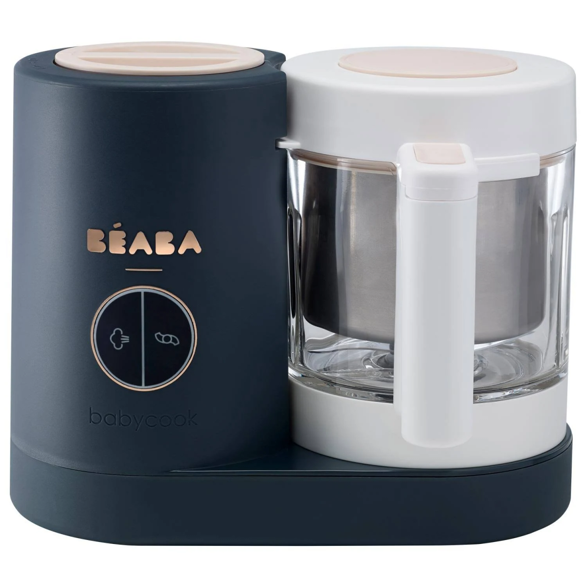 Robot da cucina per bambini. Base blu navy con contenitori bianchi e trasparenti.