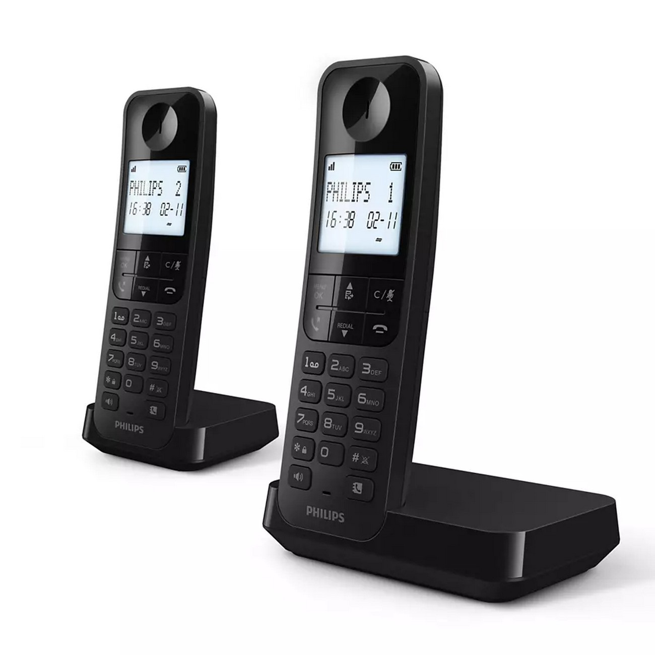 Dos teléfonos inalámbricos Philips negros en sus bases de carga.