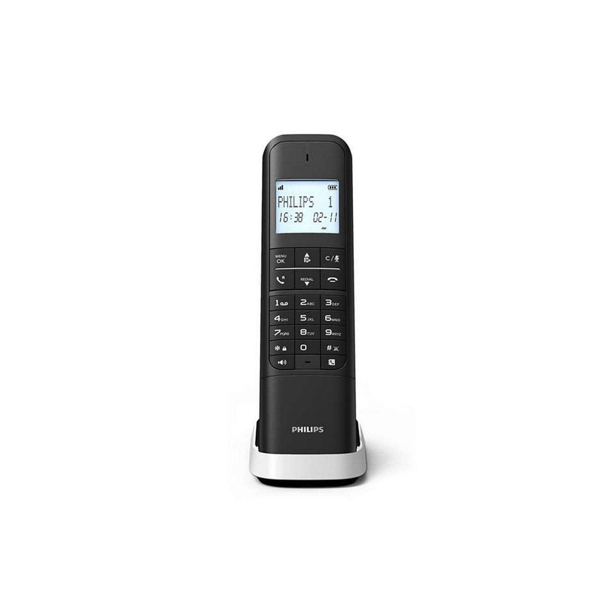 Teléfono inalámbrico Philips negro y blanco sobre una base blanca. La pantalla muestra la hora y la fecha.