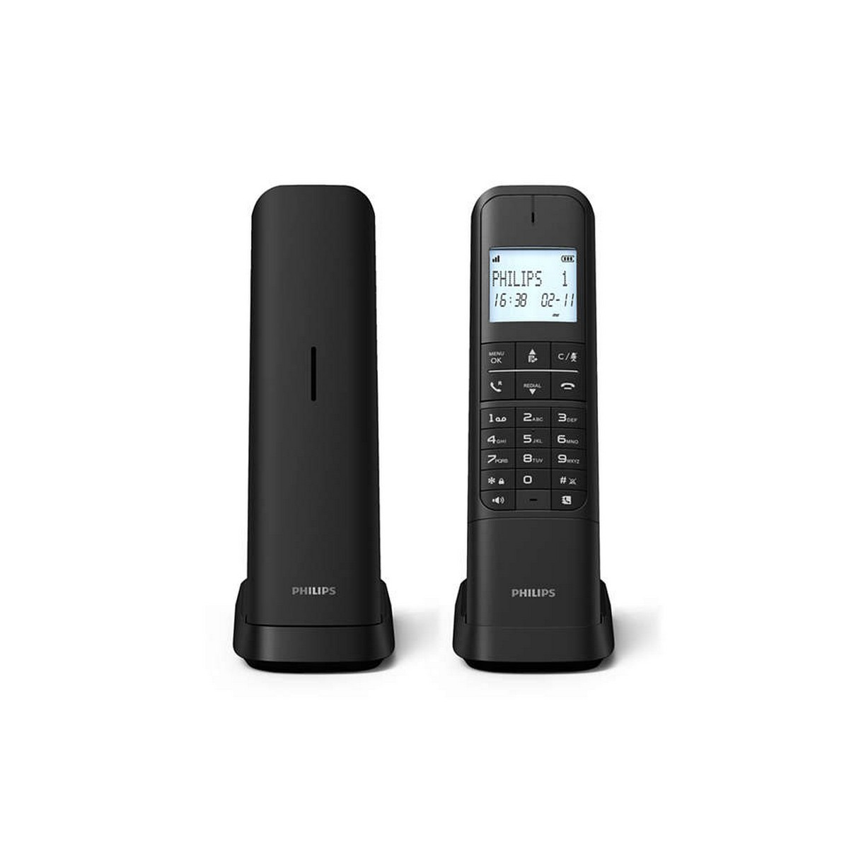 Dos teléfonos inalámbricos negros. Uno en la base, el otro muestra la hora y números.