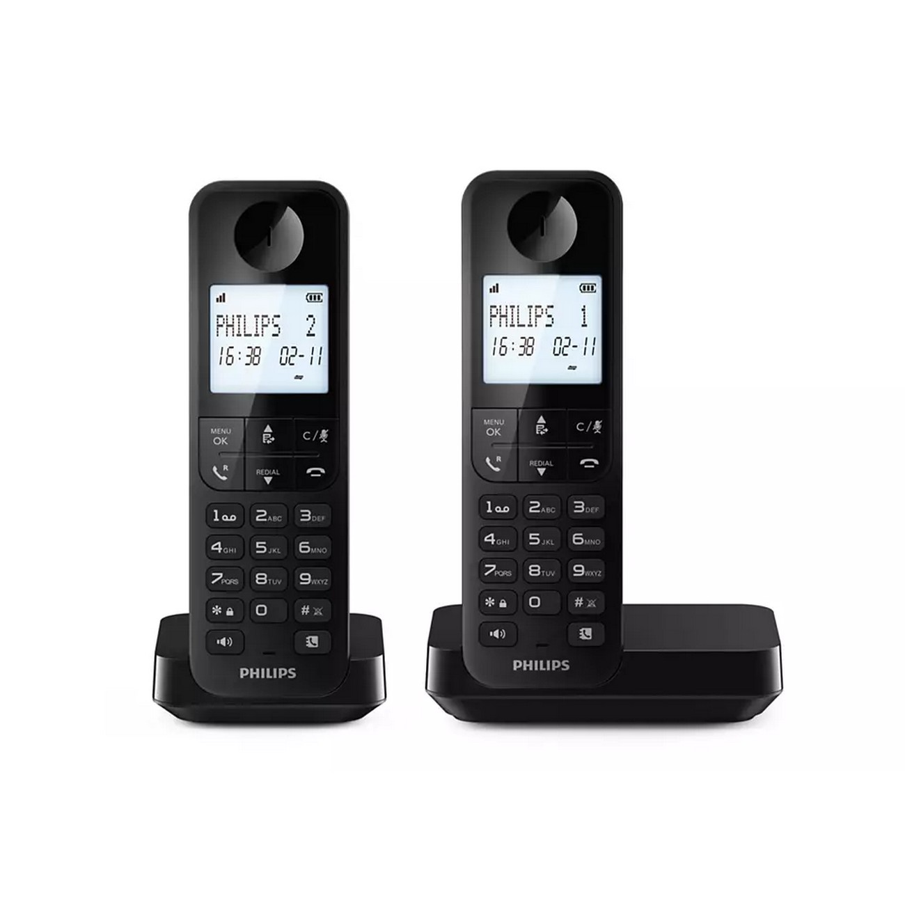 Dos teléfonos Philips inalámbricos con bases, negros, mostrando pantallas.