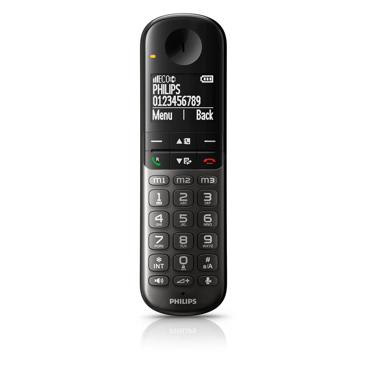 Teléfono inalámbrico Philips negro. Pantalla con números, menú y botones. Superficie blanca.