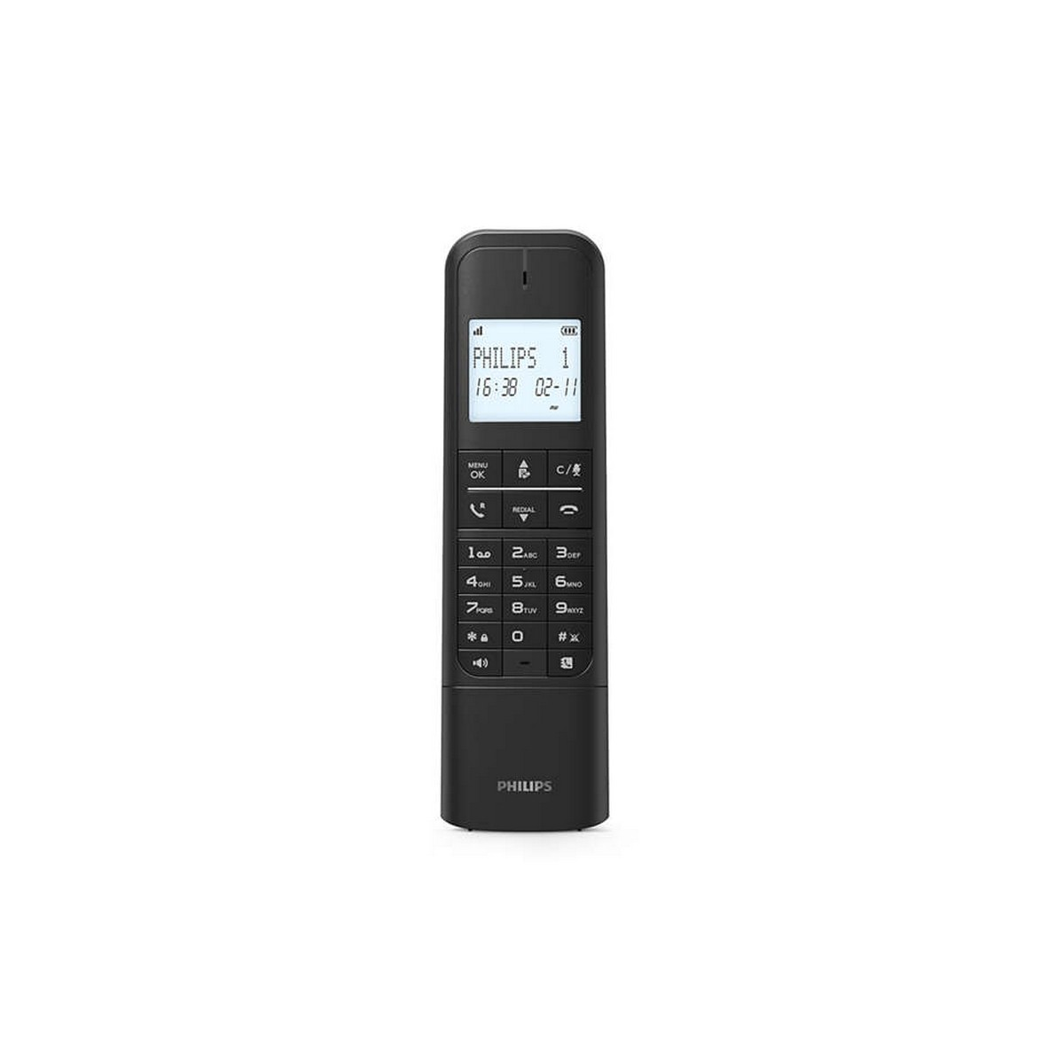 Un teléfono inalámbrico Philips negro con teclado numérico y pantalla.