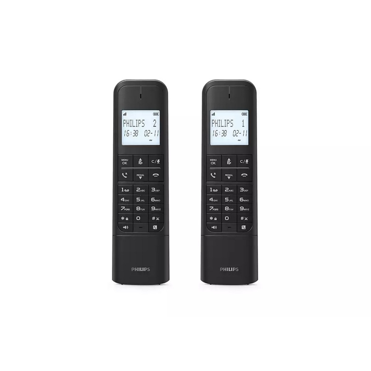 Dos teléfonos inalámbricos negros con pantallas y botones. Fondo blanco. La pantalla muestra la hora y fecha.
