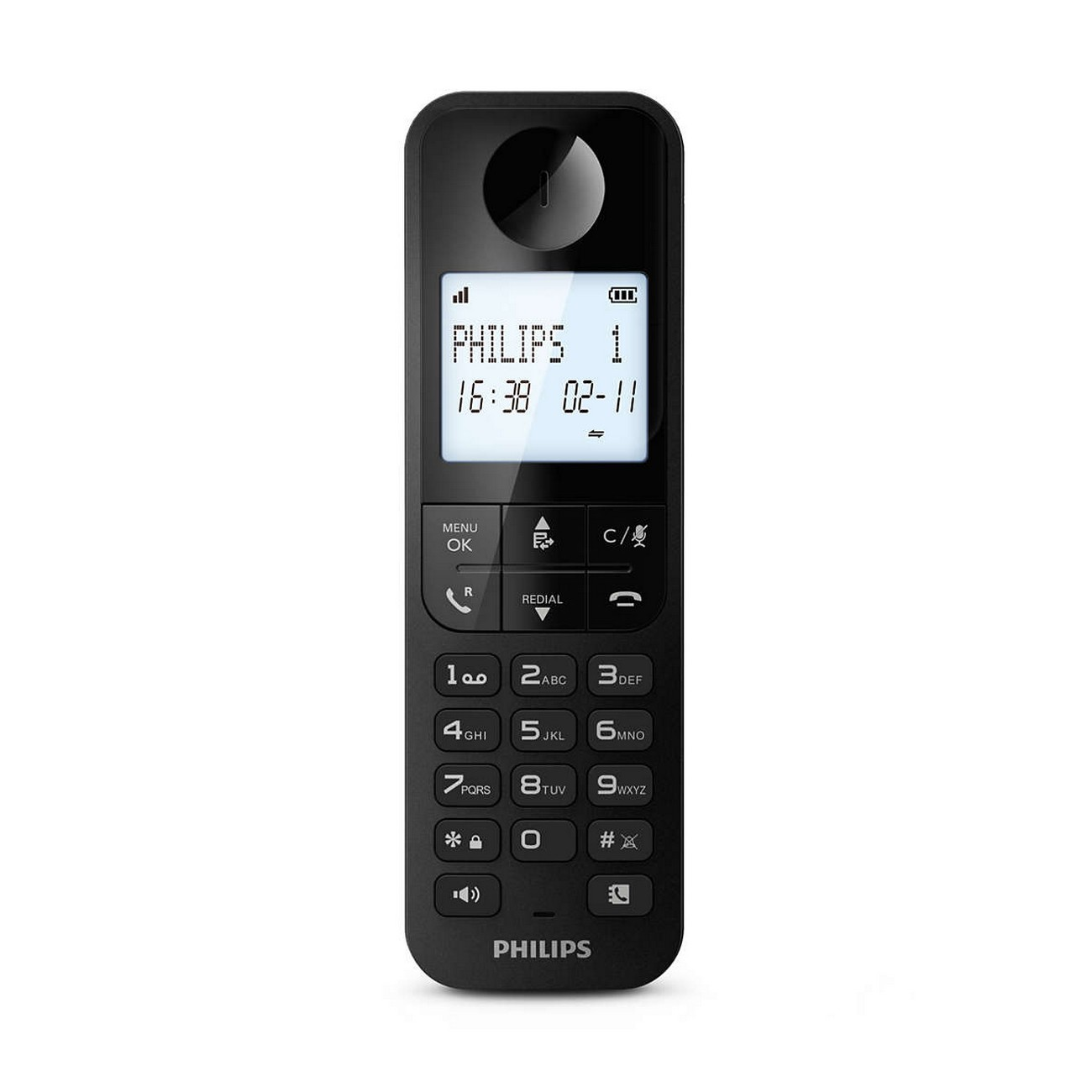 Teléfono inalámbrico Philips negro. Tiene una pantalla y un teclado con números y símbolos.