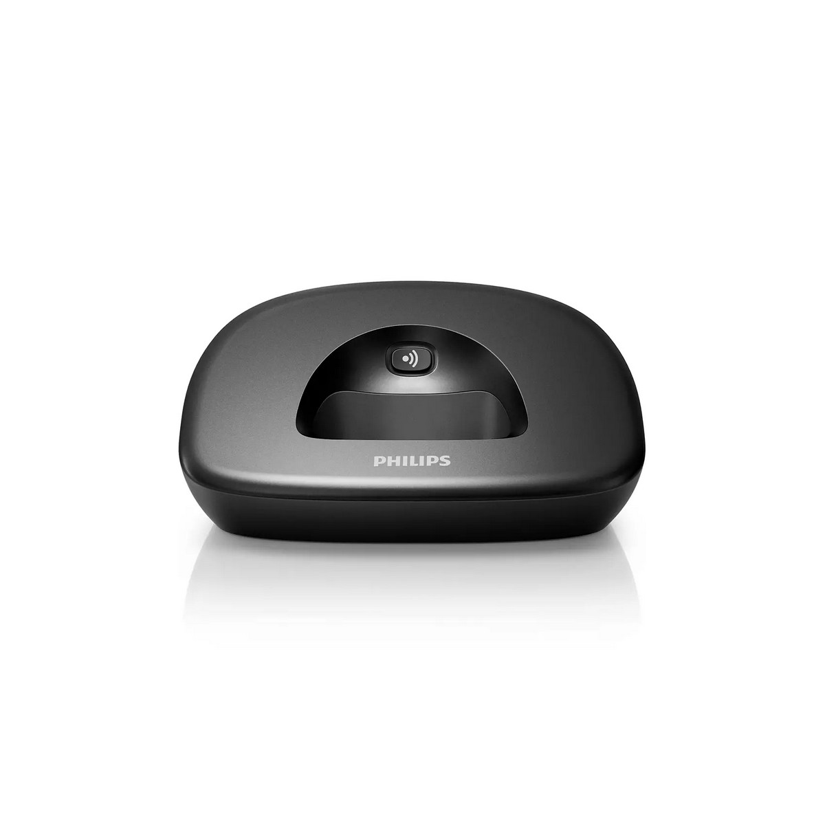 Base cargador de teléfono Philips negro. Forma ovalada con hueco central y logo Philips.