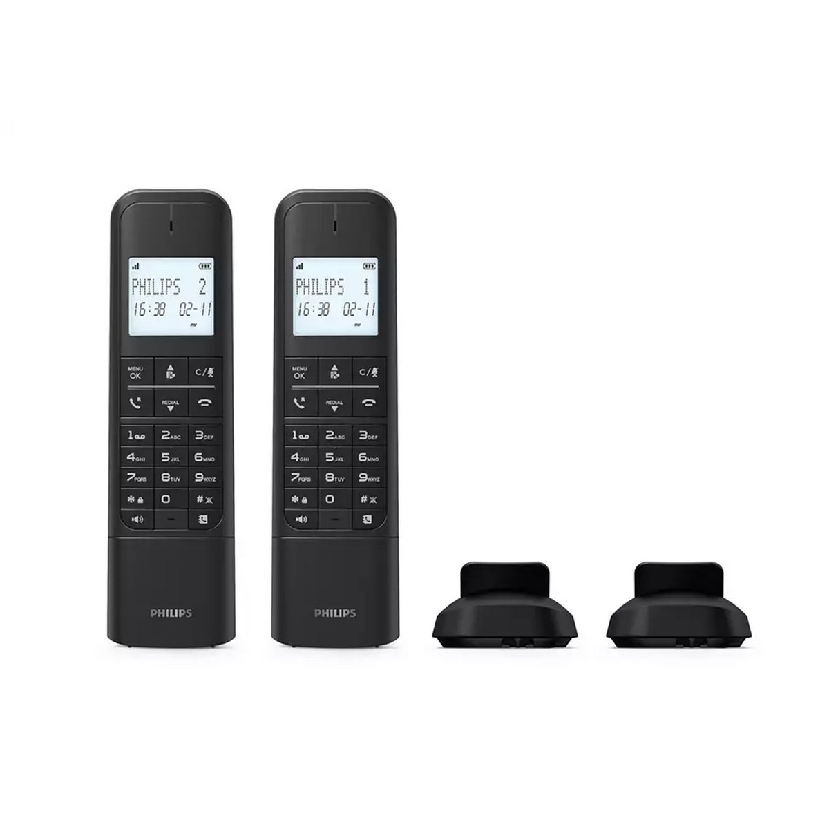 Dos teléfonos inalámbricos negros con bases. Los teléfonos tienen pantallas y botones.
