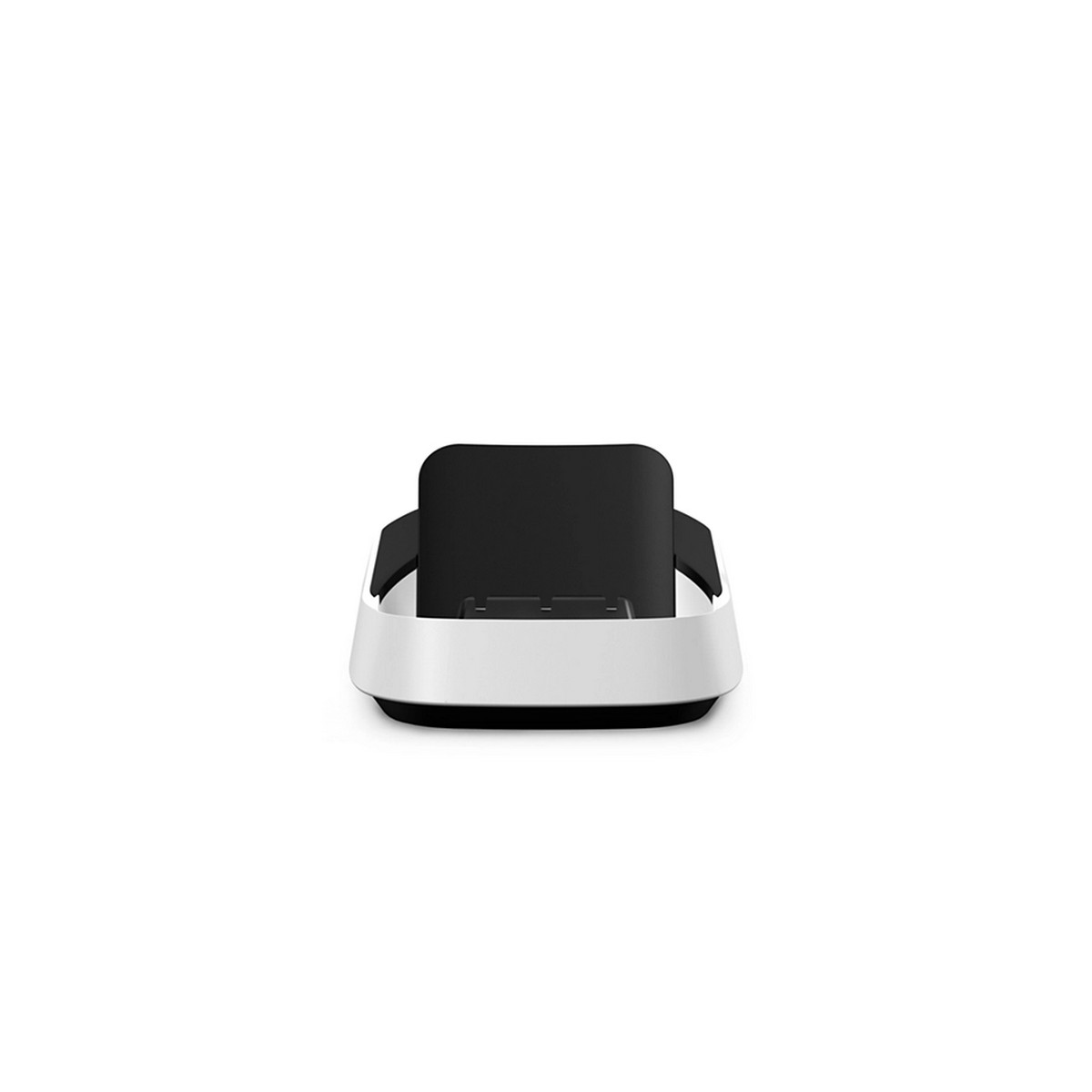 Un soporte para teléfono blanco y negro. Tiene un diseño curvo, con un área negra para sujetar el teléfono.