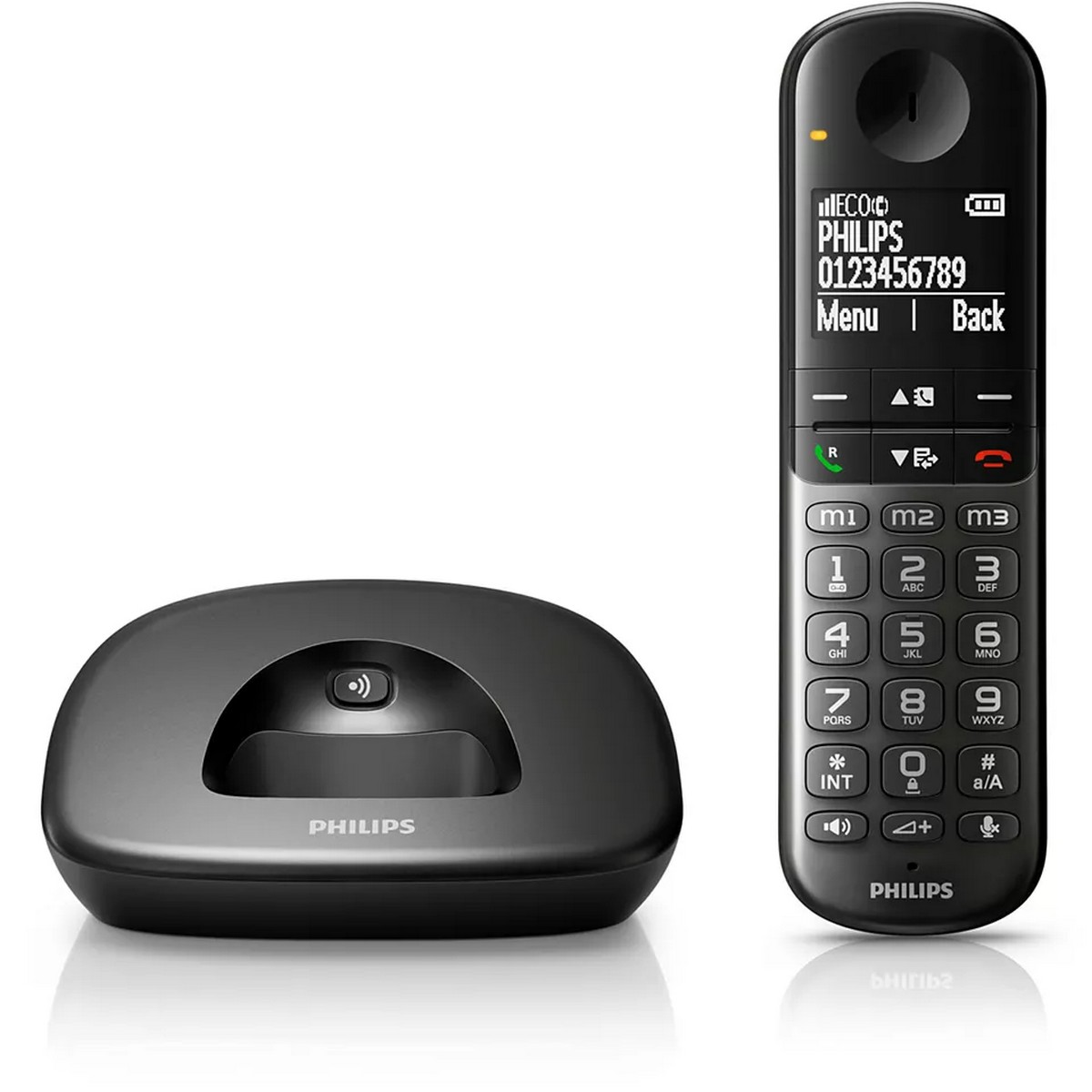 Teléfono y base negros. El teléfono tiene pantalla con números. Fondo blanco.