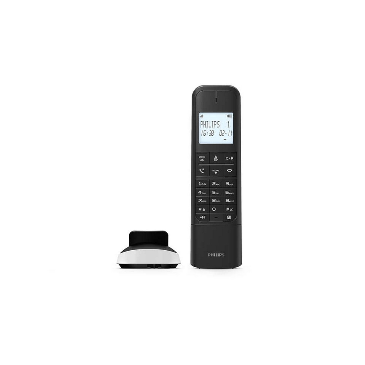 Teléfono inalámbrico Philips negro con pantalla que muestra la hora y la fecha, sobre una superficie blanca.
