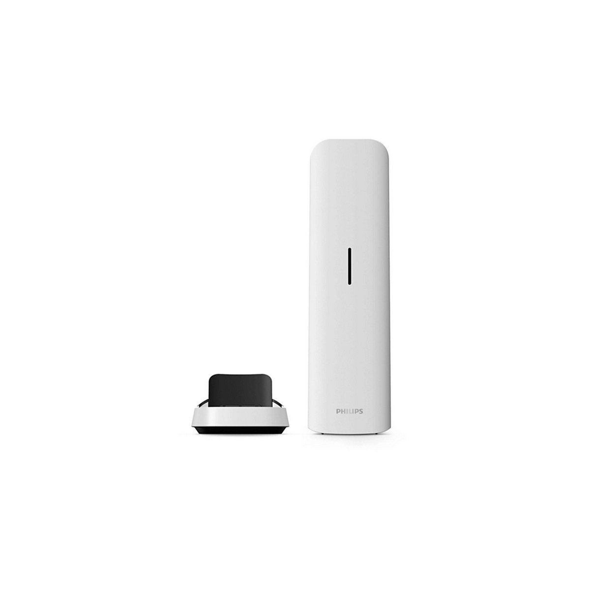 Un teléfono blanco y una base de carga negra, sobre un fondo blanco.