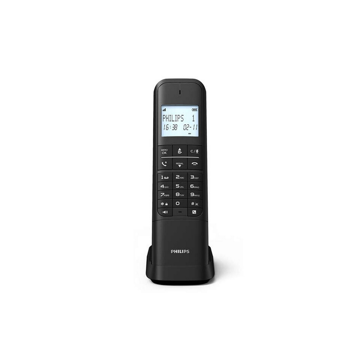 Teléfono inalámbrico y base Philips negros. El teléfono muestra la hora y el número 1.