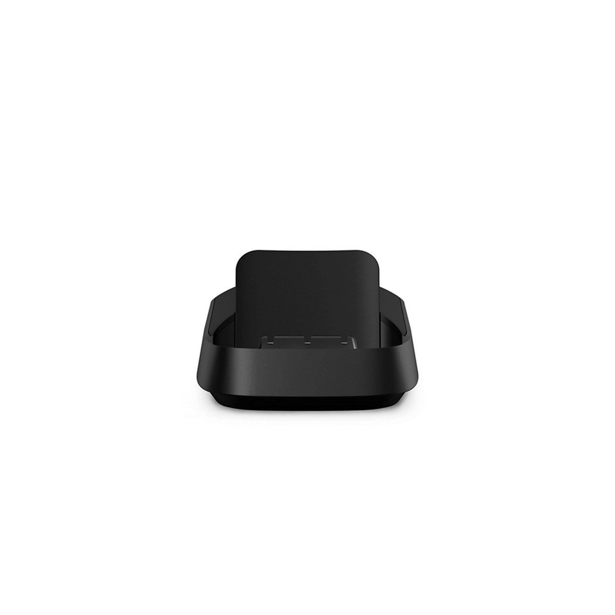 Base de conexión negra para un teléfono o dispositivo. Tiene una base curva con una ranura.