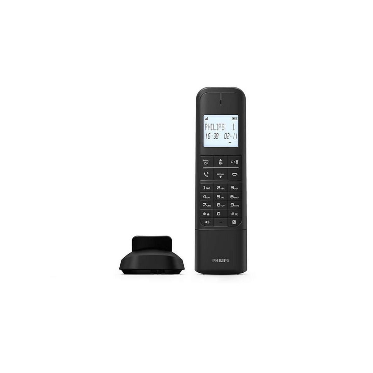 Teléfono inalámbrico negro con base. Fondo blanco.