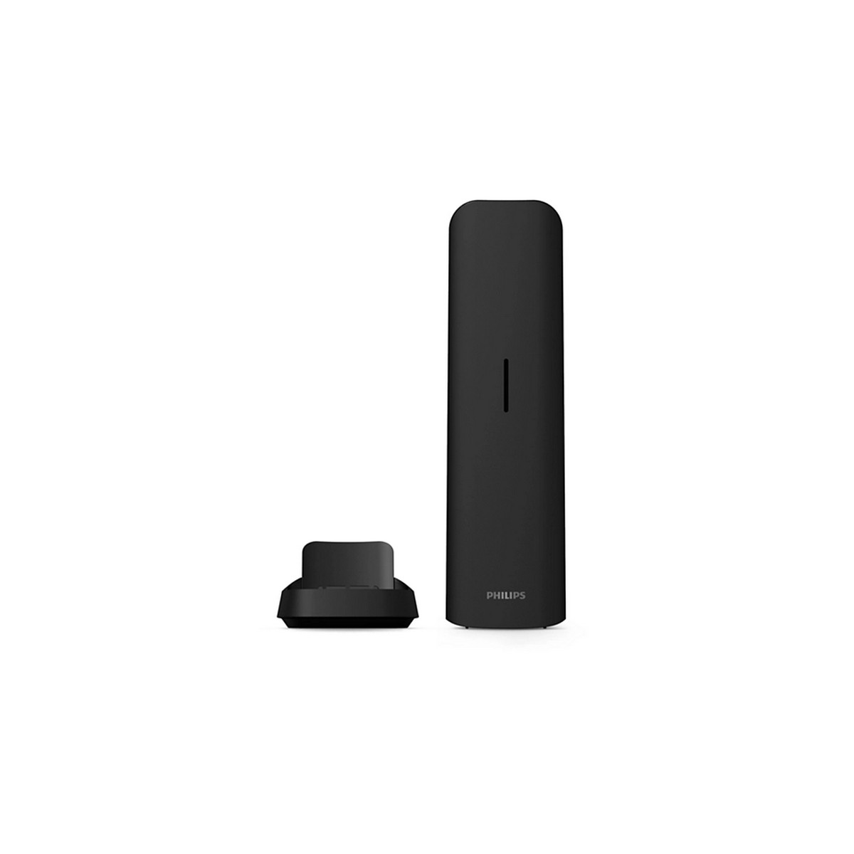 Teléfono Philips negro con base y estación de carga.