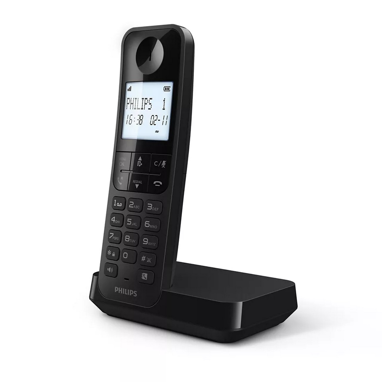 Teléfono inalámbrico Philips negro. La pantalla muestra la hora y un número. Está en una base.