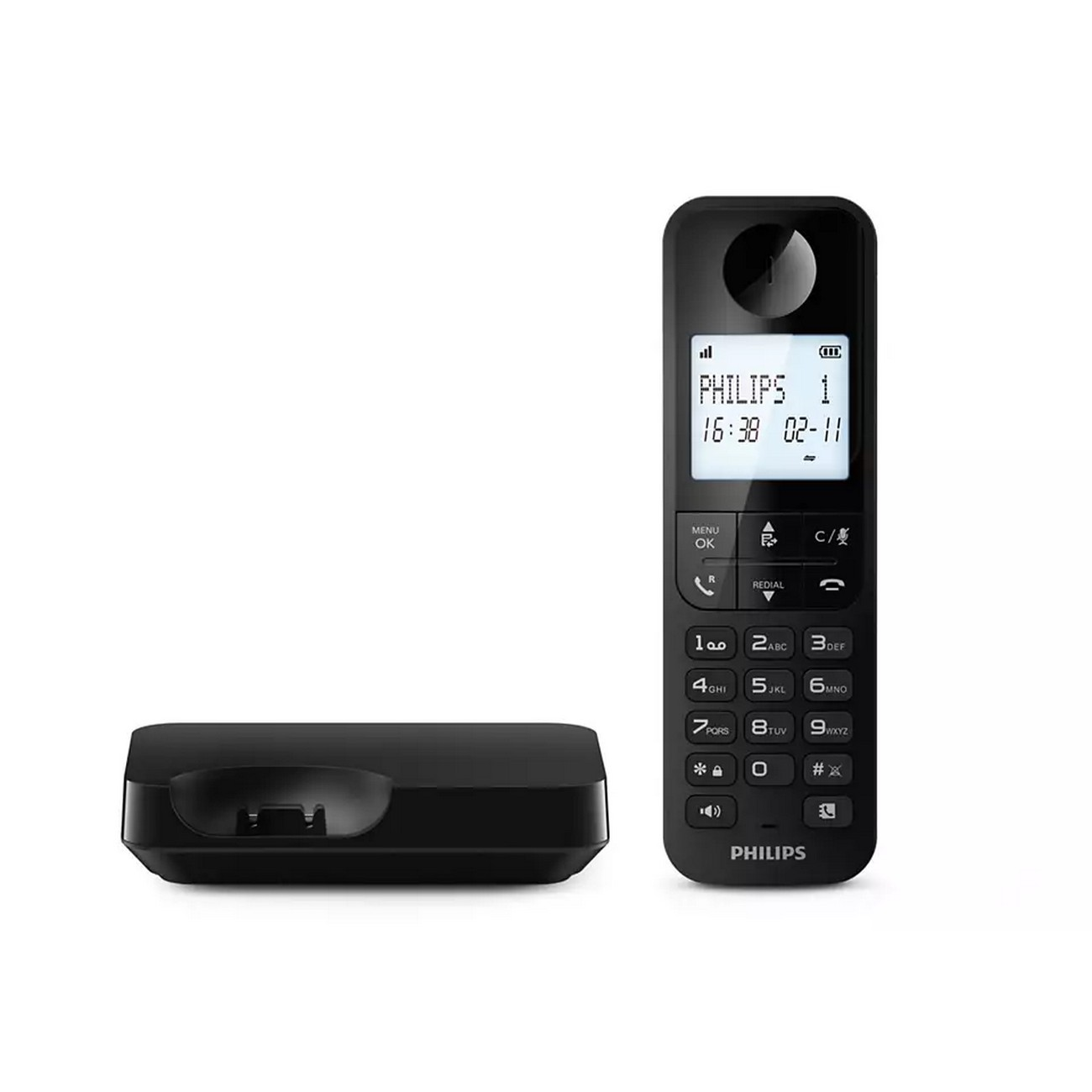 Teléfono DECT Philips negro con base y pantalla, sobre fondo blanco.